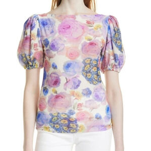 Ganni Floral Print Pastel Pink Blue Puff‎ Sleeve Dainty Blouse New US 6